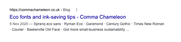 Screen shot of a Google search return that reads, 'Eco fonts and ink-saving tips – Comma Chameleon'